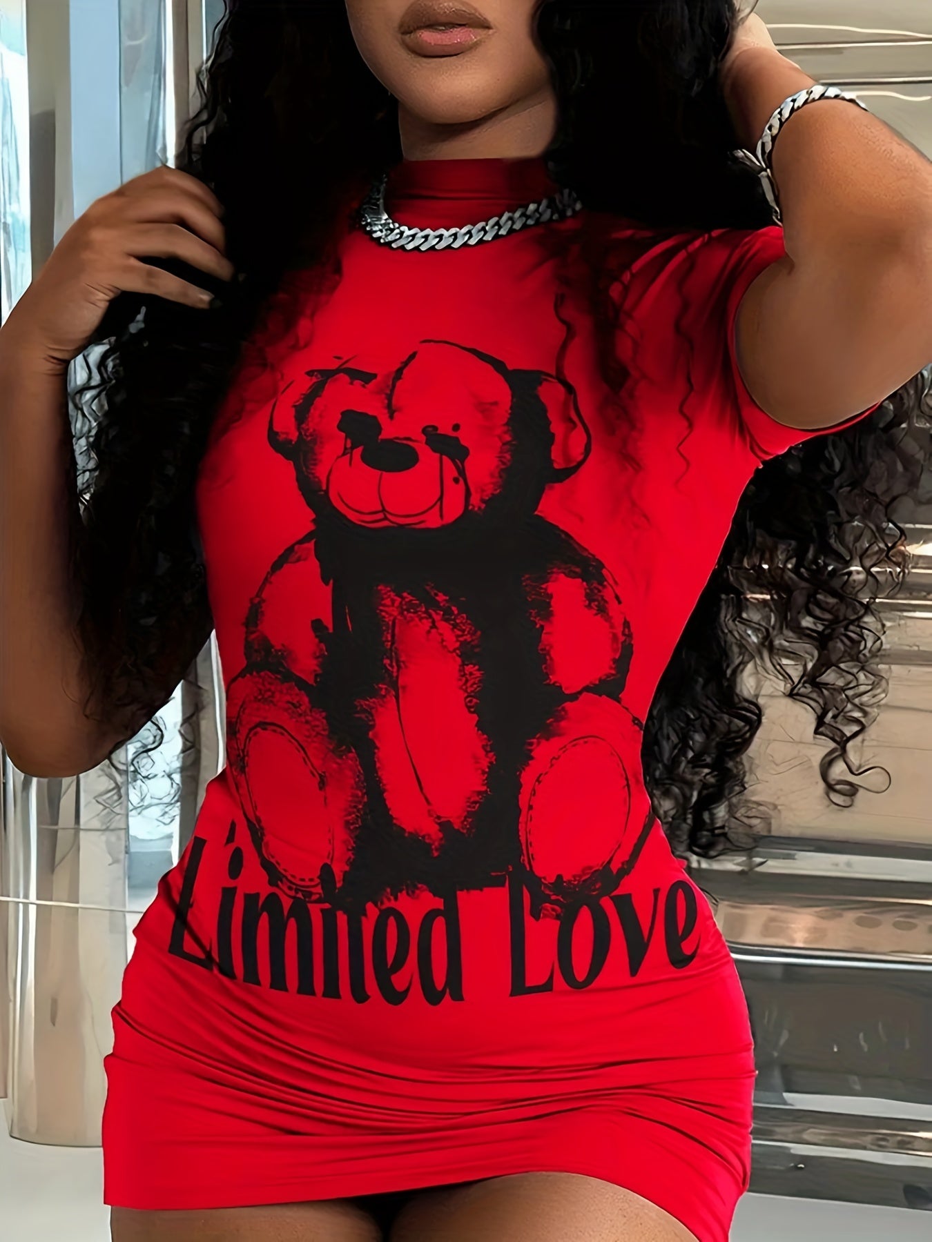 Limited Love Bear Print Dress - Casual Bodycon Short Sleeve Mini Dress - Women's Clothing - For Women - Perfect for Casual Outings, Parties & Dates - Ideal Gift for Fashionable Women